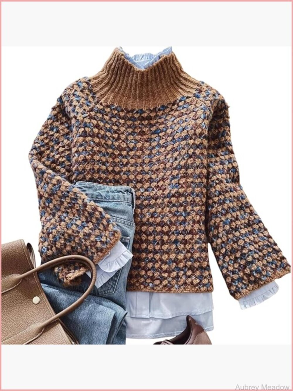 Women's Retro Print Mock Neck Chunky Knit Jumper Pullover Long Sleeve